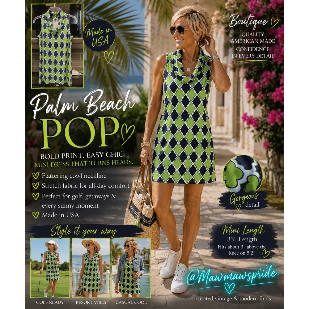 Haley & The Hound USA Geometric Mini Dress L Cowl Neck Golf Resort  Y2K Inspired